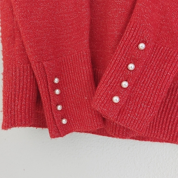 LOFT Crew HOLIDAY Pearl buttons accent neck pressimon Red speck specks sweater - Picture 5 of 5